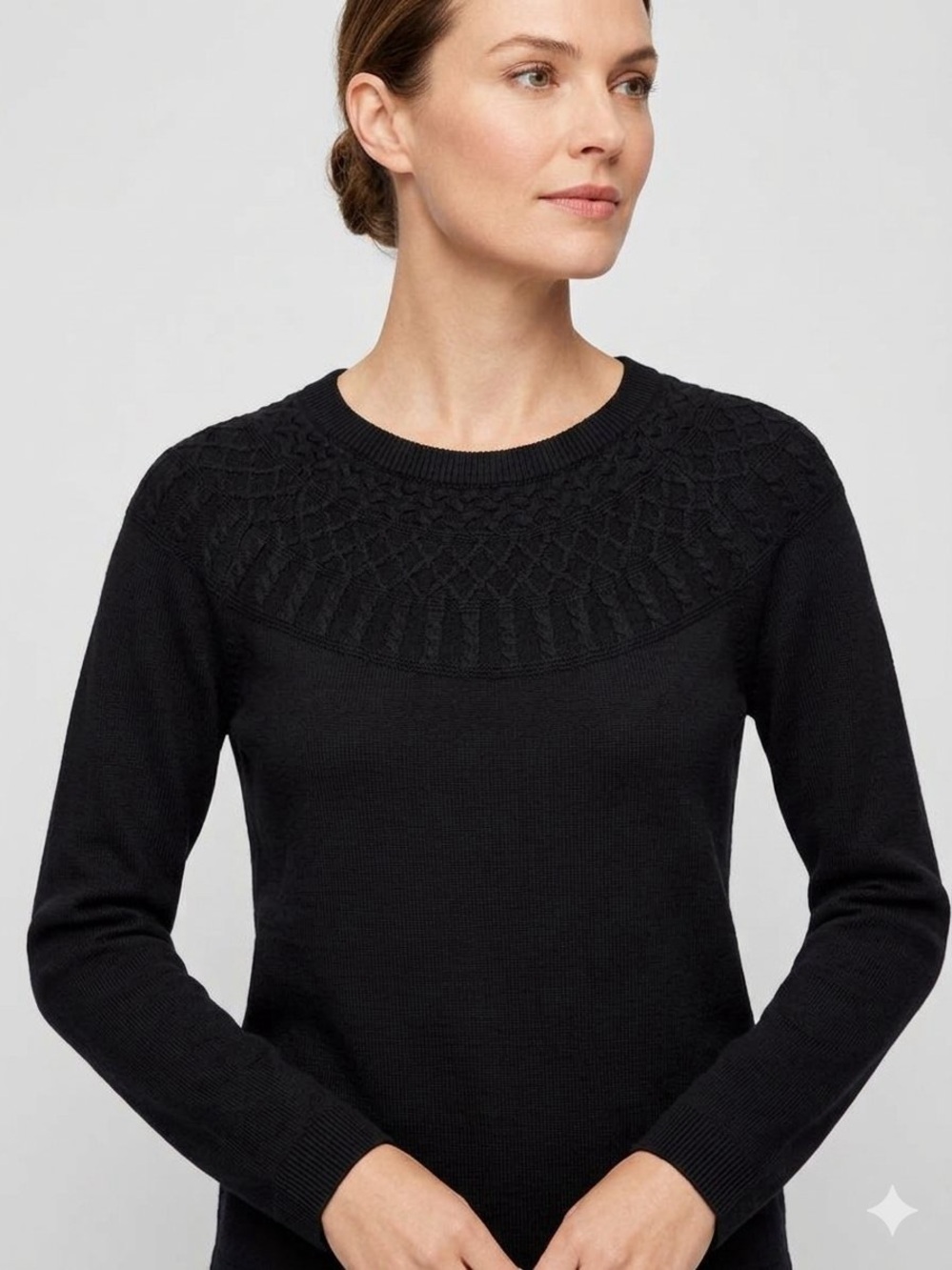 Talbots Black Cable Knit Yoke Crewneck Sweater Size M